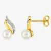 Boucles d'oreilles clous courbes bicolores plaqué or, rhodium, perle d'imitation 5 mm et oxyde de zirconium SO OR