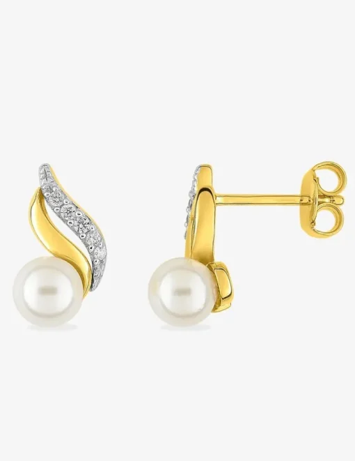 Boucles d'oreilles clous courbes bicolores plaqué or, rhodium, perle d'imitation 5 mm et oxyde de zirconium SO OR