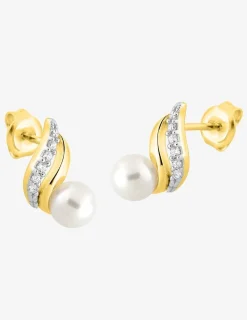 Boucles d'oreilles clous courbes bicolores plaqué or, rhodium, perle d'imitation 5 mm et oxyde de zirconium SO OR