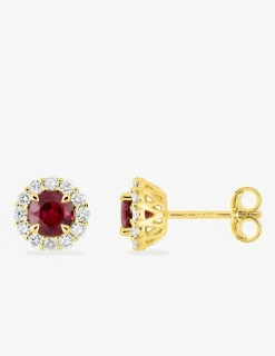 Boucles d'oreilles clous en or jaune 375 ‰, rubis et diamants synthétiques 0,26 ct SO OR