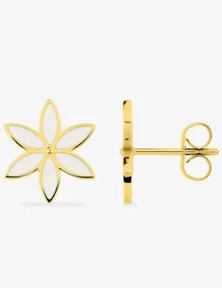 Boucles d'oreilles clous en acier doré, motif fleur et émail blanc SO OR