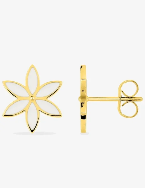 Boucles d'oreilles clous en acier doré, motif fleur et émail blanc SO OR