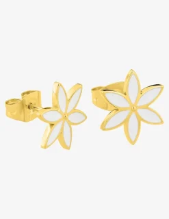 Boucles d'oreilles clous en acier doré, motif fleur et émail blanc SO OR