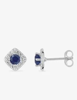 Boucles d'oreilles clous en or blanc 375 ‰, saphir et oxydes de zirconium SO OR