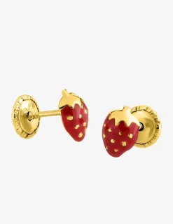 Boucles d'oreilles clous fraise or jaune 750 ‰ et laque SO OR