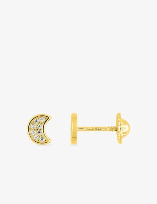 Boucles d'oreilles clous motif lune or jaune 375 ‰, rhodium et oxydes de zirconium SO OR