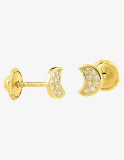 Boucles d'oreilles clous motif lune or jaune 375 ‰, rhodium et oxydes de zirconium SO OR