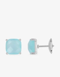 Boucles d'oreilles clous or blanc 750 ‰ calcédoine bleue SO OR