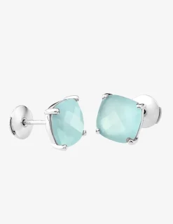 Boucles d'oreilles clous or blanc 750 ‰ calcédoine bleue SO OR