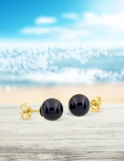 Boucles d'oreilles clous or jaune 750 ‰, perle de culture d'eau douce noire 7 mm SO OR