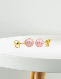 Boucles d'oreilles clous or jaune 750 ‰, perle de culture d'eau douce rose 6 mm SO OR