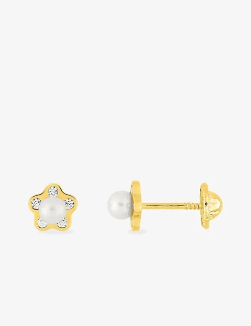 Boucles d'oreilles clous or jaune 375 ‰, perle de culture d'eau douce et oxyde de zirconium SO OR
