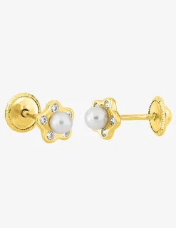 Boucles d'oreilles clous or jaune 375 ‰, perle de culture d'eau douce et oxyde de zirconium SO OR