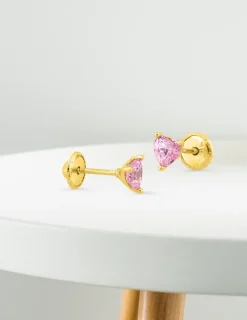 Boucles d'oreilles clous or jaune 750 ‰ et oxyde de zirconium cœur rose SO OR