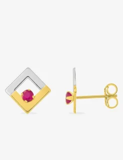 Boucles d'oreilles clous or jaune 375 ‰, rhodium et rubis SO OR