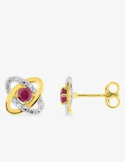 Boucles d'oreilles clous or jaune 375 ‰, rhodium et rubis serti griffes SO OR