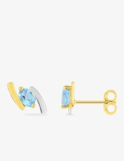 Boucles d'oreilles clous or jaune 375 ‰, topaze bleue traitée et rhodium SO OR