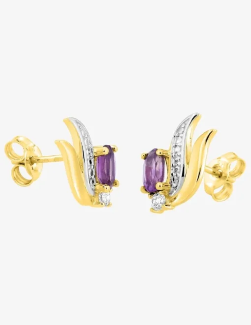 Boucles d'oreilles clous or jaune 375 ‰, améthyste, rhodium et oxyde de zirconium SO OR