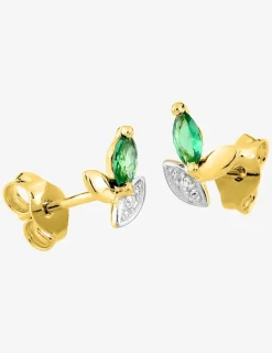 Boucles d'oreilles clous or jaune 375 ‰, rhodium, émeraude et oxyde de zirconium SO OR