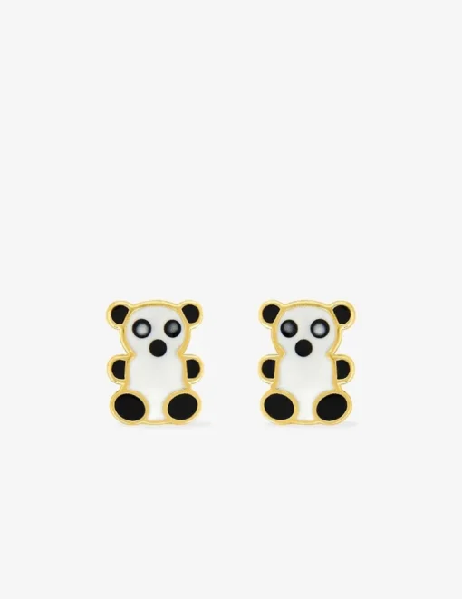 Boucles d'oreilles clous panda or jaune 750 ‰ et laque noire et blanche SO OR