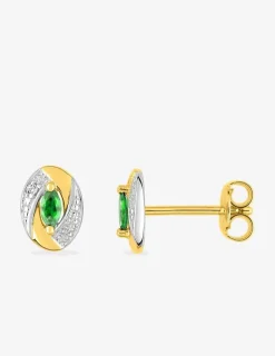 Boucles d'oreilles clous tourbillon bicolore plaqué or, rhodium et oxyde de zirconium blanc et vert SO OR