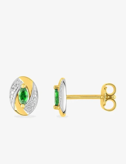 Boucles d'oreilles clous tourbillon bicolore plaqué or, rhodium et oxyde de zirconium blanc et vert SO OR