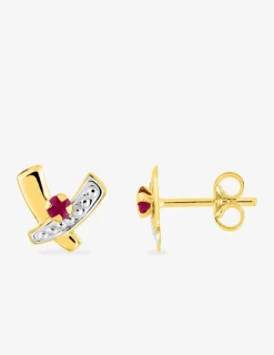 Boucles d'oreilles croix bicolore or jaune 375‰, rhodium et rubis SO OR