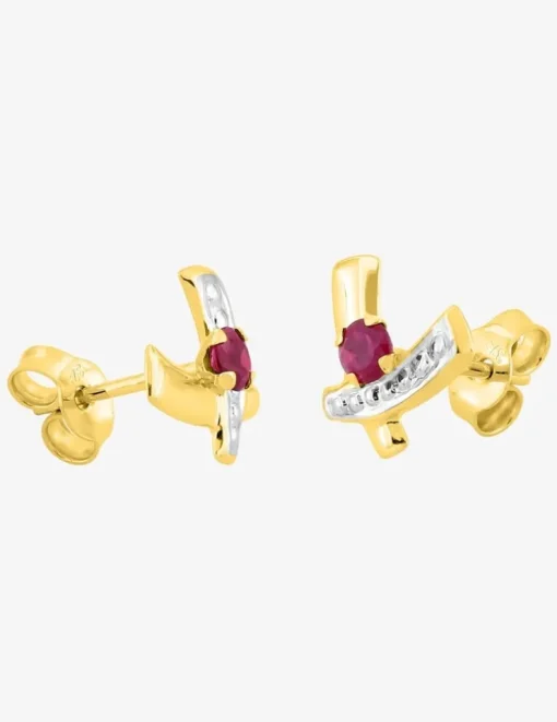 Boucles d'oreilles croix bicolore or jaune 375‰, rhodium et rubis SO OR