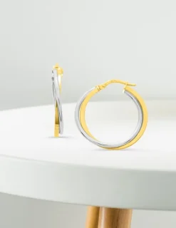 Boucles d'oreilles créoles motif croisé bicolore or 750 ‰ SO OR