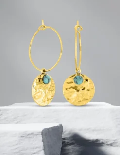 Boucles d'oreilles créoles acier doré, turquoise bleue synthétique SO OR