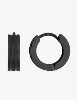 Boucles d'oreilles créoles en acier noir épaisses stries fantaisies SO OR