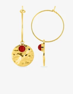 Boucles d'oreilles créoles acier doré martelé et rubis synthétique SO OR