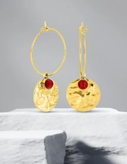 Boucles d'oreilles créoles acier doré martelé et rubis synthétique SO OR