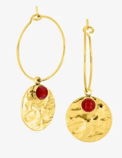 Boucles d'oreilles créoles acier doré martelé et rubis synthétique SO OR