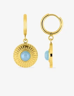 Boucles d'oreilles créoles et motif pendant acier doré et cristal bleu synthétique SO OR
