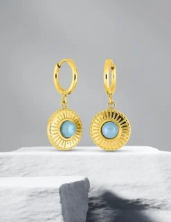 Boucles d'oreilles créoles et motif pendant acier doré et cristal bleu synthétique SO OR