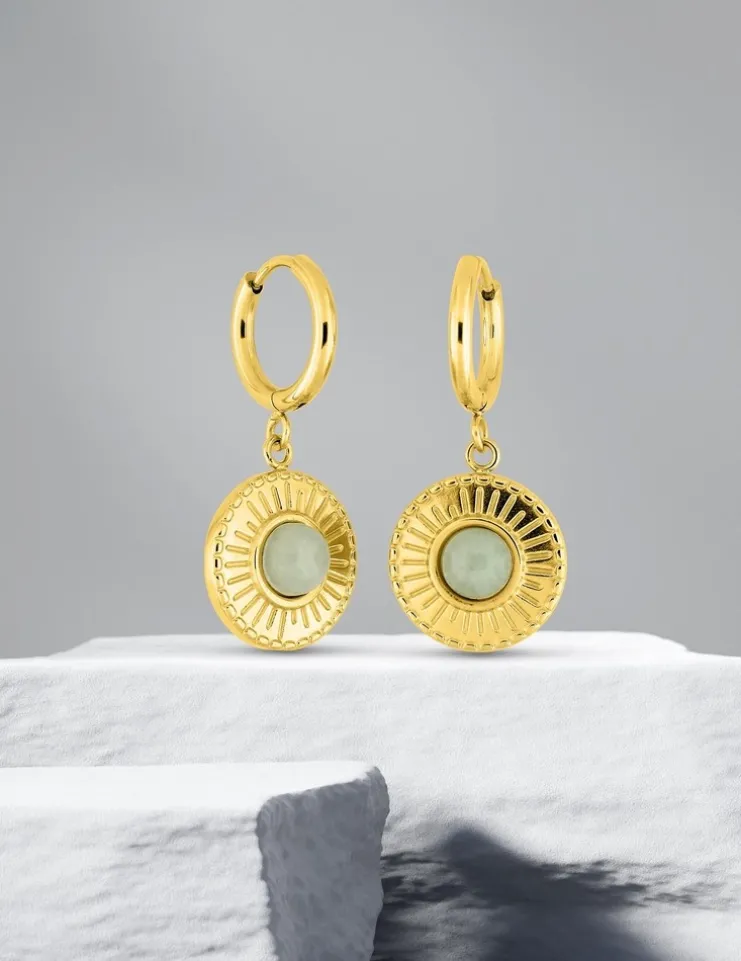 Boucles d'oreilles créoles et motif pendant acier doré et jade verte synthétique SO OR