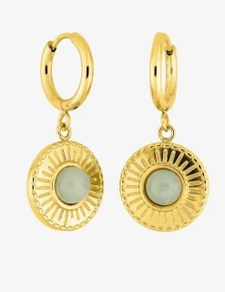 Boucles d'oreilles créoles et motif pendant acier doré et jade verte synthétique SO OR