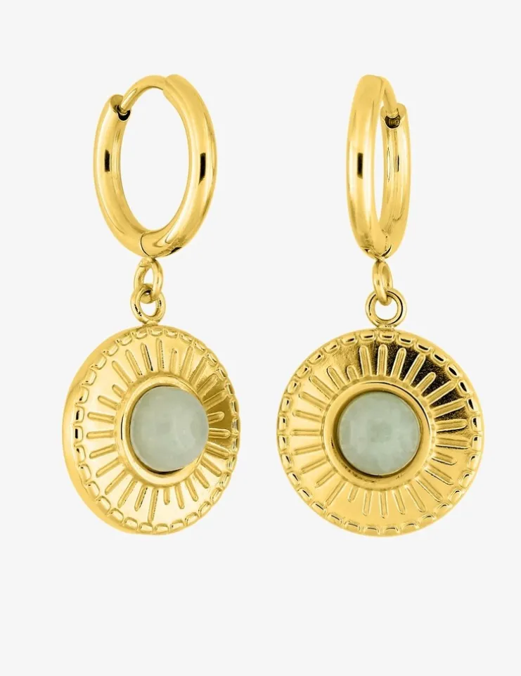 Boucles d'oreilles créoles et motif pendant acier doré et jade verte synthétique SO OR