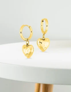 Boucles d'oreilles créoles pendantes cœur, acier doré SO OR