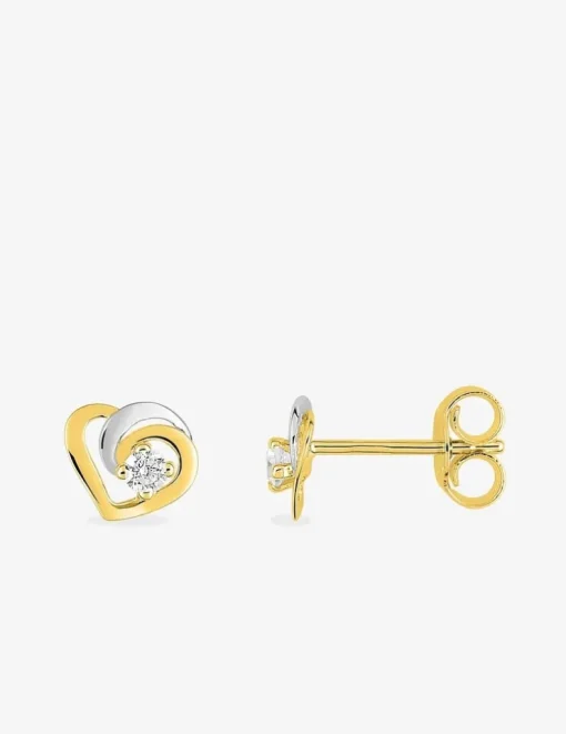 Boucles d'oreilles cœur bicolore or jaune 375‰, rhodium et oxyde de zirconium SO OR