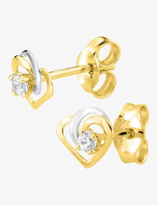 Boucles d'oreilles cœur bicolore or jaune 375‰, rhodium et oxyde de zirconium SO OR