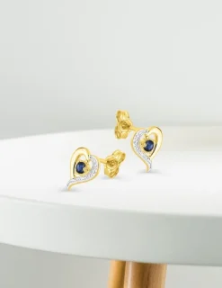 Boucles d'oreilles cœur or jaune 750 ‰, saphir et rhodium SO OR