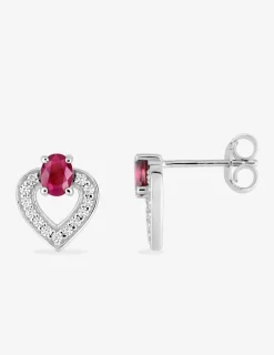 Boucles d'oreilles cœur or blanc 375‰, oxydes de zirconium et rubis SO OR