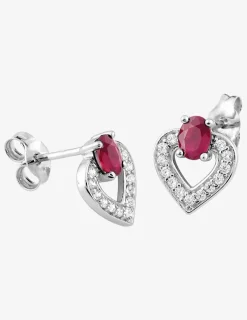 Boucles d'oreilles cœur or blanc 375‰, oxydes de zirconium et rubis SO OR