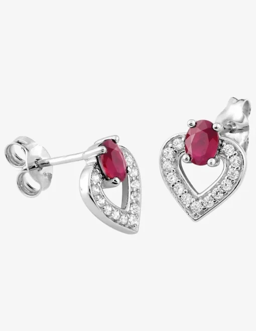 Boucles d'oreilles cœur or blanc 375‰, oxydes de zirconium et rubis SO OR