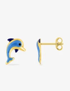 Boucles d'oreilles dauphin or jaune 750‰ et laque bleue SO OR