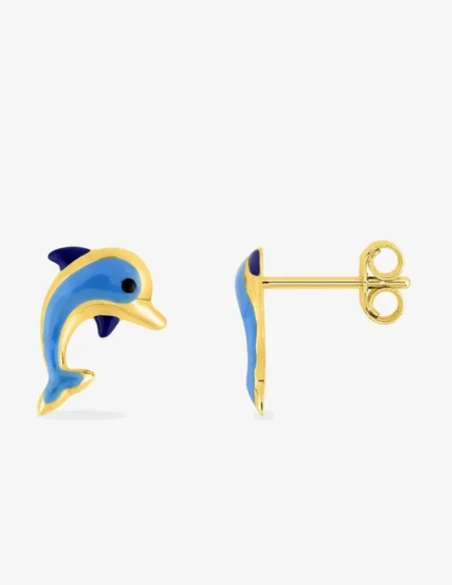 Boucles d'oreilles dauphin or jaune 750‰ et laque bleue SO OR