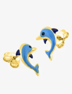 Boucles d'oreilles dauphin or jaune 750‰ et laque bleue SO OR