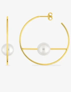 Boucles d'oreilles demi-créoles 40 mm plaqué or, barre horizontale avec perle d'imitation 10 mm SO OR